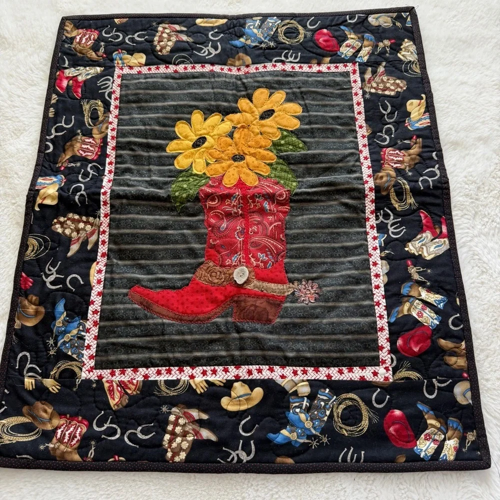 Western Cowboy Wall Hanging Quilt 21” x 24.5” – Appliqué Boot & Sunflowers
